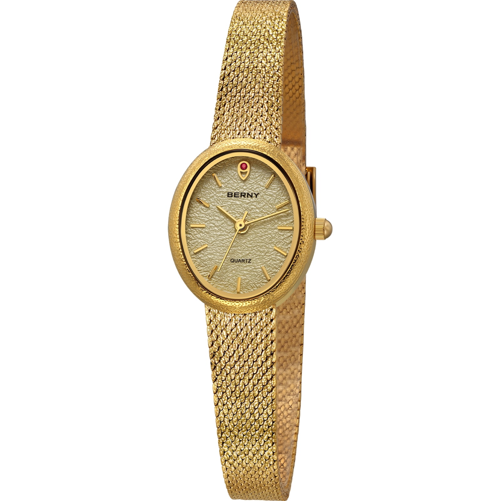 BERNY Small Gold Watches for Women, Dainty Minimalist Oval Dial, Vintage Stainless Steel Bracelet Watch, Adjustable Mesh Band, Waterproof, Luxury Ladies Analog Quartz Wrist Watch Gifts (Gold)