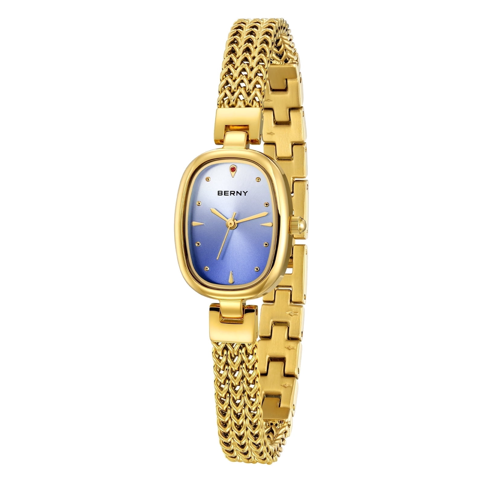 BERNY Small Gold Watches for Women, Dainty Oval Analog Quartz Bracelet Watch, Stainless Steel, Waterproof, Minimalist Luxury Ladies Watches Gifts (Blue)