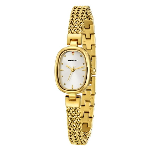 BERNY Small Gold Watches for Women, Dainty Oval Analog Quartz Bracelet Watch, Stainless Steel, Waterproof, Minimalist Luxury Ladies Watches Gifts (White)