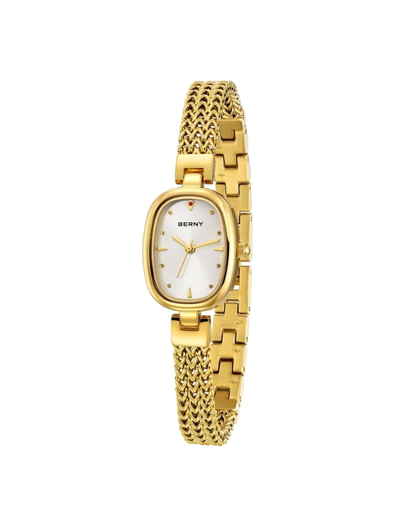 Small Gold Watches for Women, Dainty Oval Analog Quartz Bracelet Watch, Stainless Steel, Waterproof, Minimalist Luxury Ladies Watches Gifts (White)