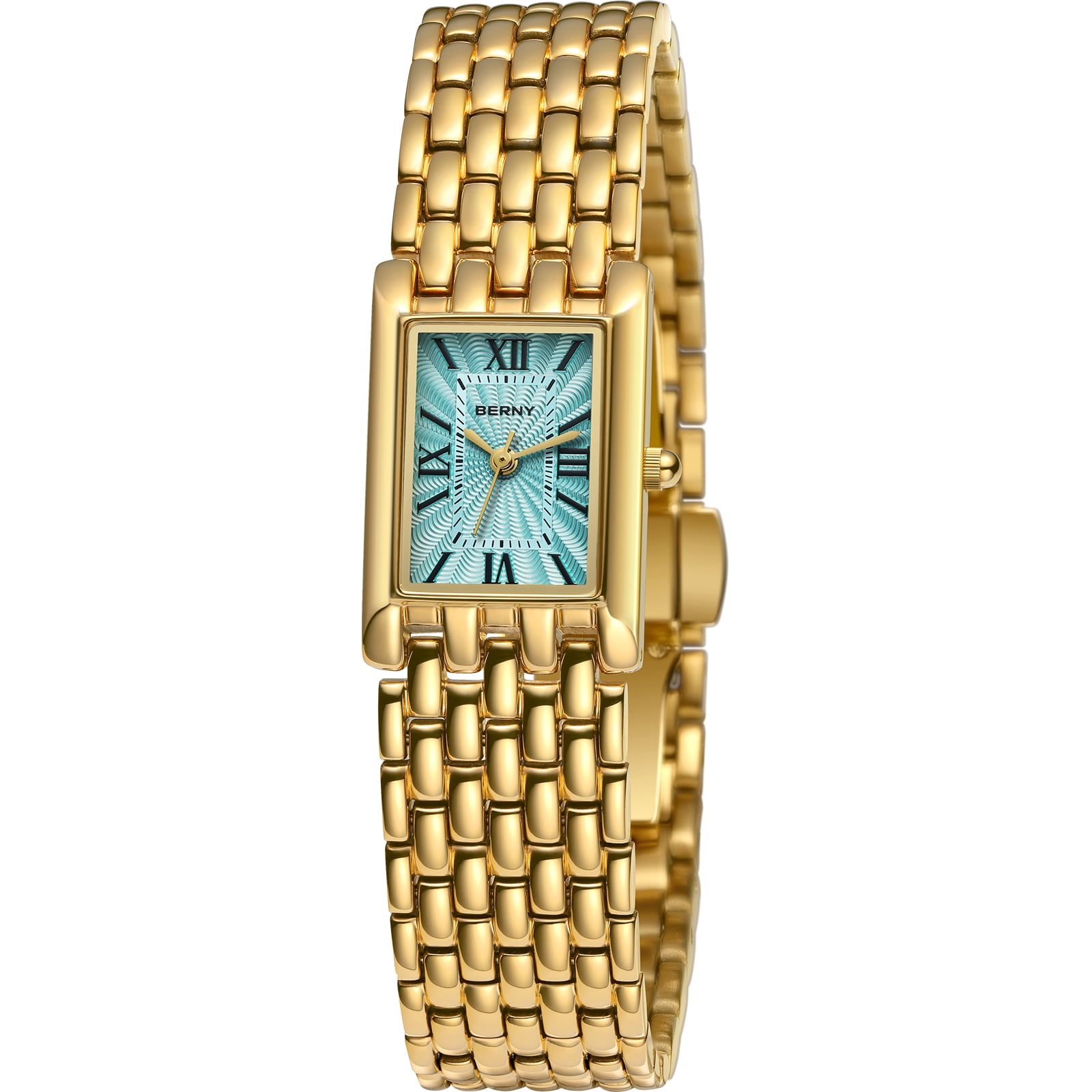 BERNY Small Gold Watches for Women, Luxury Vintage Rectangular Case Roman Dial, Dainty Stainless Steel Bracelet Watch, Adjustment Tool Included, Waterproof, Womens Gold Watch Gifts (Light Blue)