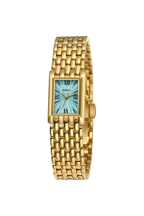 Small Gold Watches for Women, Luxury Vintage Rectangular Case Roman Dial, Dainty Stainless Steel Bracelet Watch, Adjustment Tool Included, Waterproof, Womens Gold Watch Gifts (Light Blue)