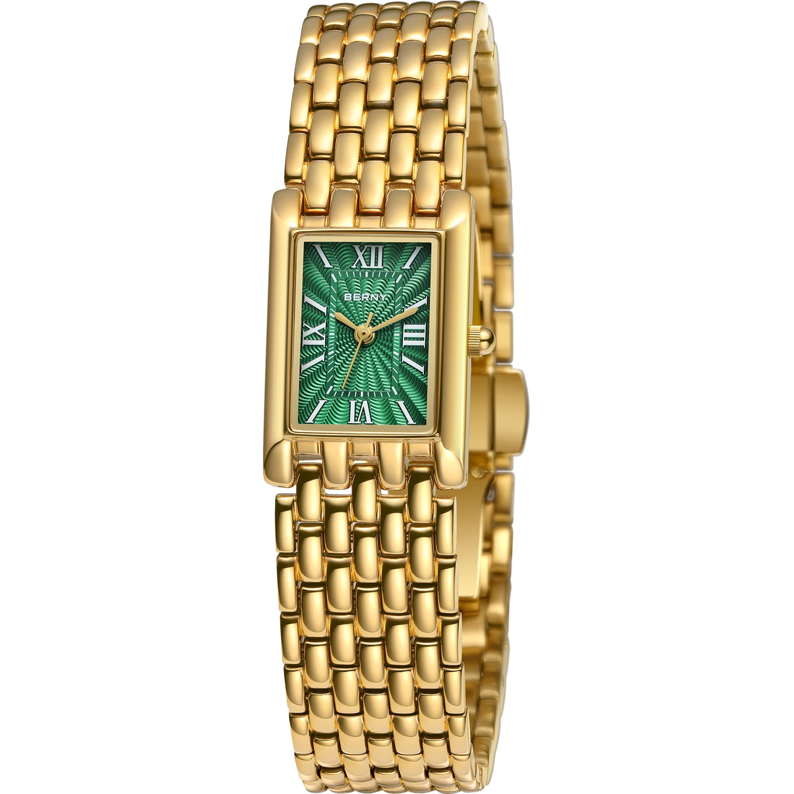 BERNY Small Gold Watches for Women, Luxury Vintage Rectangular Case Roman Dial, Dainty Stainless Steel Bracelet Watch, Adjustment Tool Included, Waterproof, Womens Gold Watch Gifts (Green)