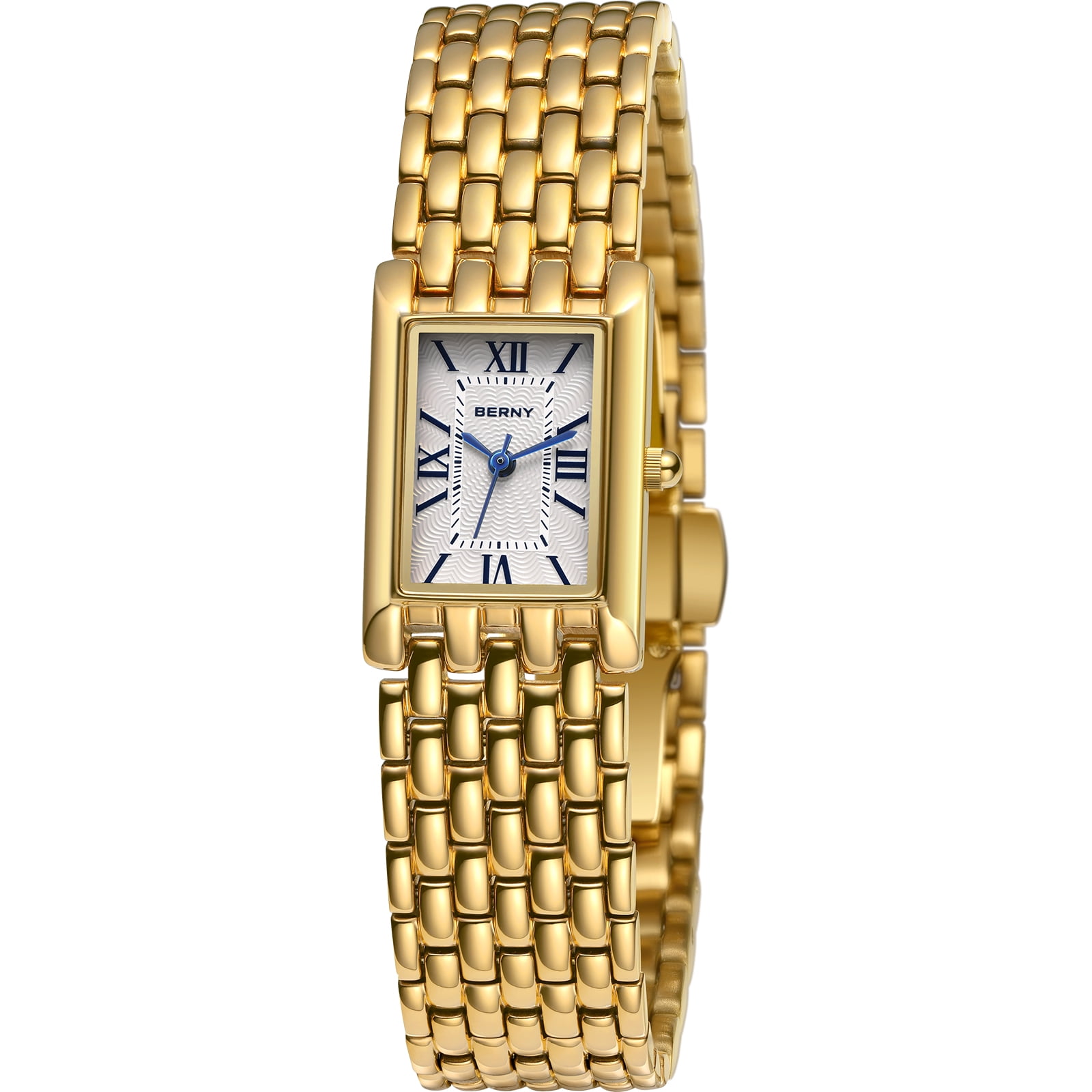 BERNY Small Gold Watches for Women, Luxury Vintage Rectangular Case Roman Dial, Dainty Stainless Steel Bracelet Watch, Adjustment Tool Included, Waterproof, Womens Gold Watch Gifts (White)