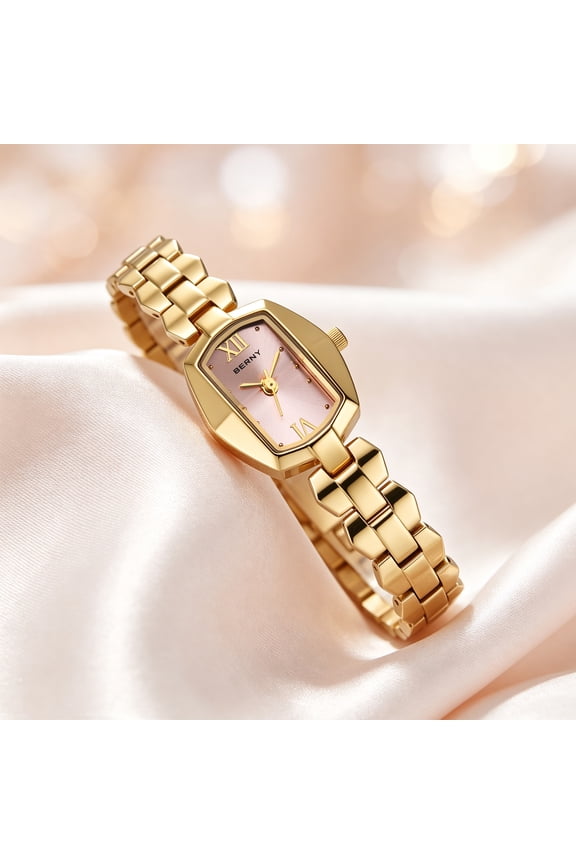 Small Gold Watches for Women, Minimalist Women Analog Quartz Watch with Octagonal Case, Stainless Steel, Waterproof, Vintage Ladies Wristwatch, Pink