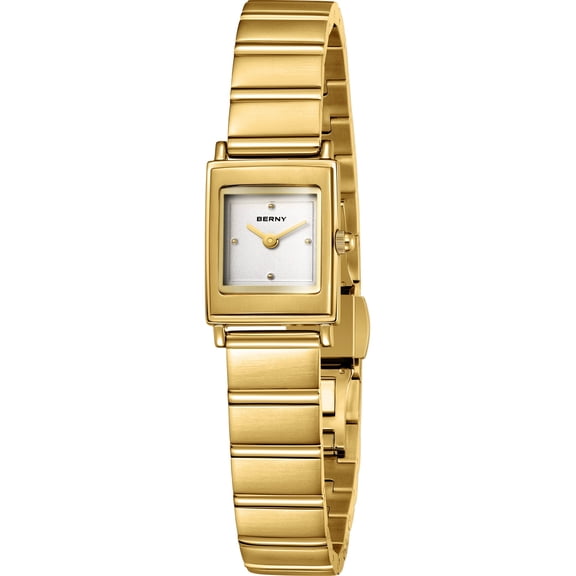 BERNY Small Gold Watches for Women Dainty Minimalist Square Ladies Analog Quartz Bracelet Watch with Adjustment Tool Included Stainless Steel Waterproof Fashion Womens Watch Gifts (White)