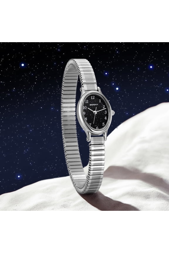 Small Silver Watches for Women, Arabic Numeral Easy Reader Dressy Ladies Watches with Expansion Stretch Band, Oval Shaped Case, Sunray Dial, Minimalist Women Wristwatch, Black