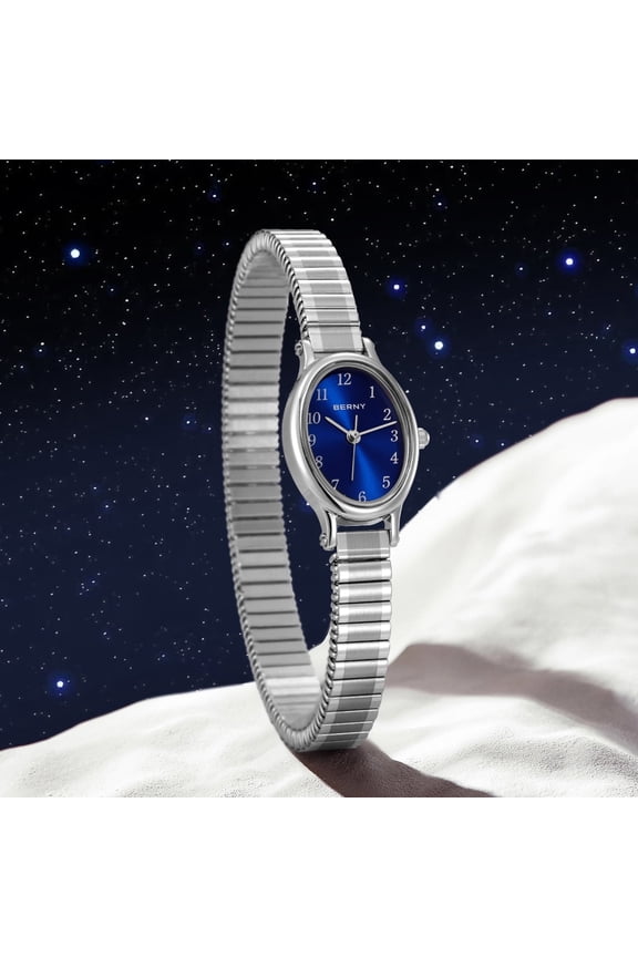 Small Silver Watches for Women, Arabic Numeral Easy Reader Dressy Ladies Watches with Expansion Stretch Band, Oval Shaped Case, Sunray Dial, Minimalist Women Wristwatch, Blue