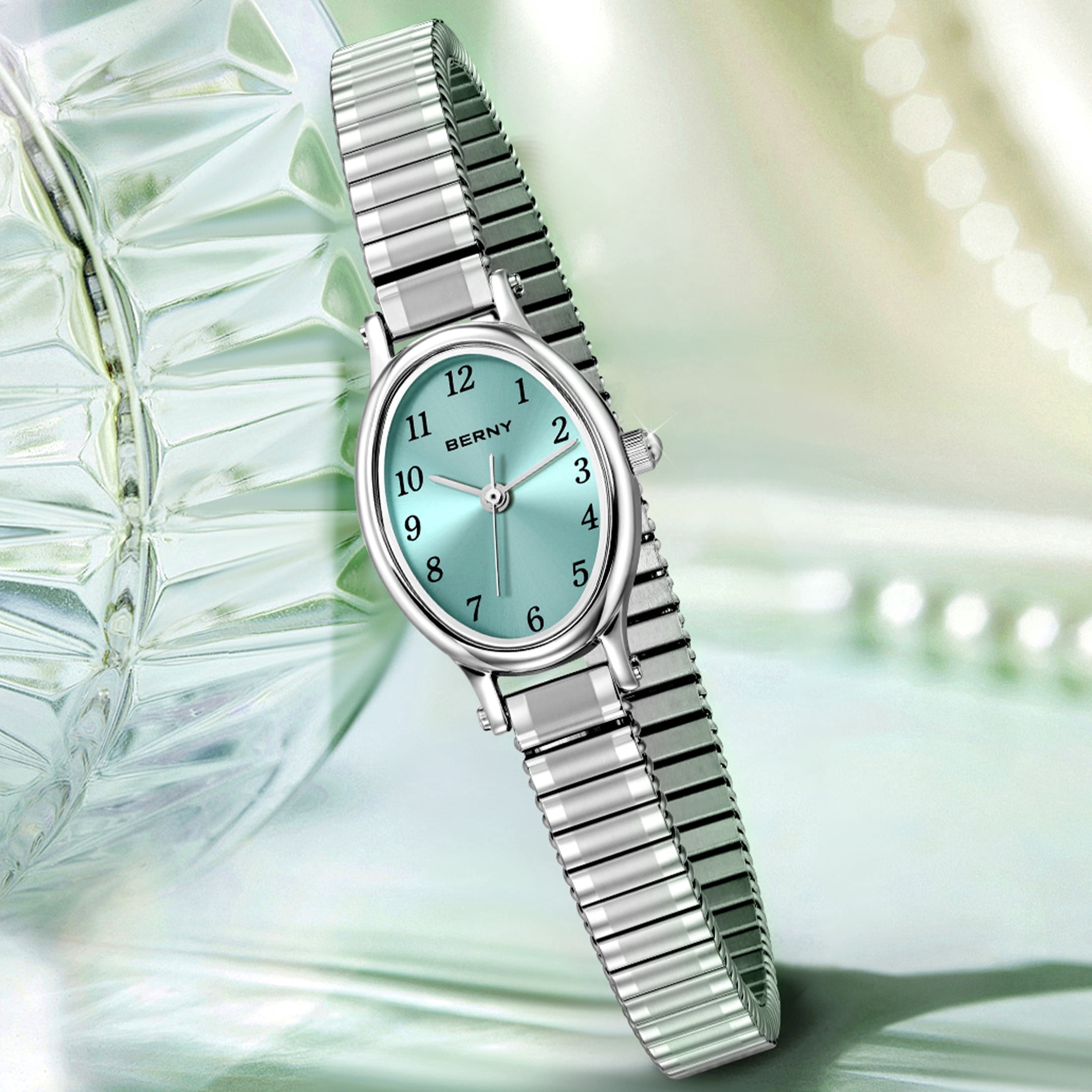 BERNY Small Silver Watches for Women, Dainty Luxury Oval Dial, Expansion Band Watch, Fashion Ladies Analog Quartz Watch, Waterproof Women Wristwatch Gifts, Light Blue
