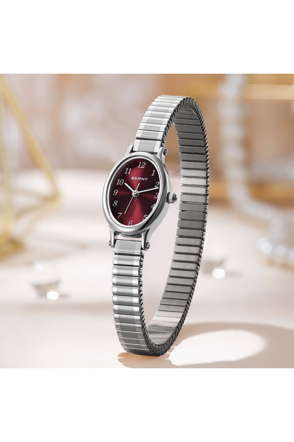 Small Silver Watches for Women, Arabic Numeral Easy Reader Dressy Ladies Watches with Expansion Stretch Band, Oval Shaped Case, Sunray Dial, Minimalist Women Wristwatch (Red)