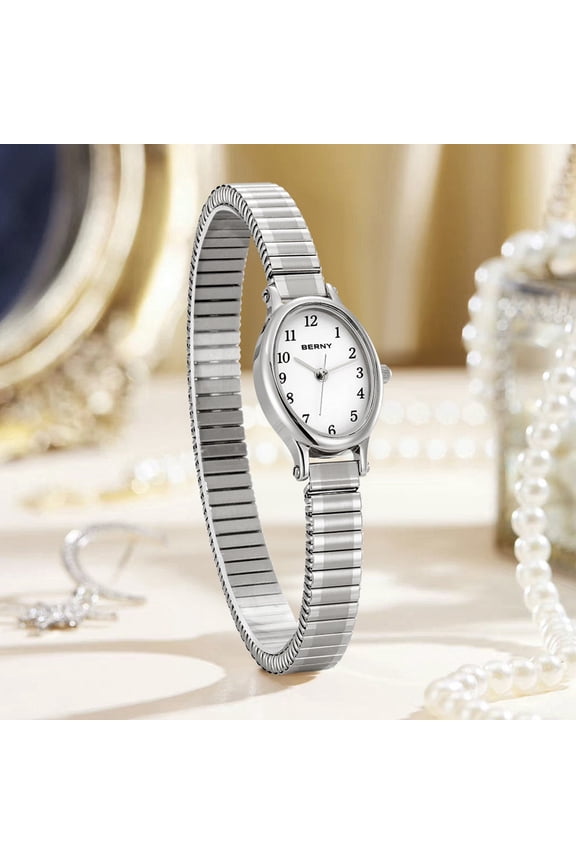 Small Silver Watches for Women, Arabic Numeral Easy Reader Dressy Ladies Watches with Expansion Stretch Band, Oval Shaped Case, Sunray Dial, Minimalist Women Wristwatch, White
