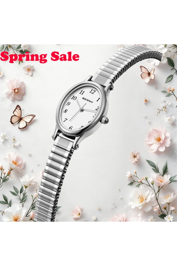Small Silver Watches for Women, Arabic Numeral Easy Reader Dressy Ladies Watches with Expansion Stretch Band, Oval Shaped Case, Sunray Dial, Minimalist Women Wristwatch, White