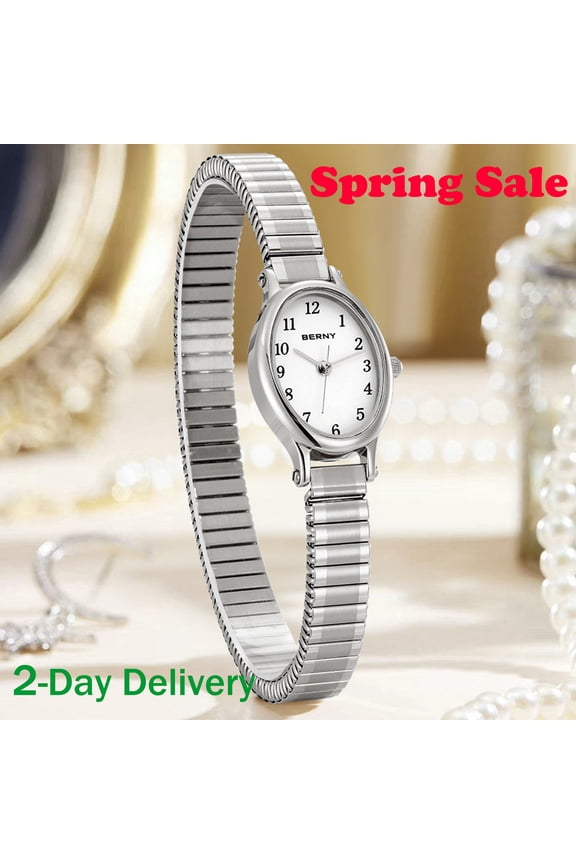 Silver Watches for Women, Small Ladies Watches with Oval Case, Expansion Band, Easy Reading Arabic Numeral Dial, 3ATM Waterproof Wristwatch, White