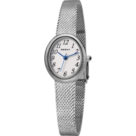 BERNY Small Silver Watches for Women, Dainty Easy to Read Oval Dial, Vintage Stainless Steel Bracelet Watch, Adjustable Mesh Band, Waterproof, Luxury Ladies Analog Quartz Wrist Watch Gifts (White)