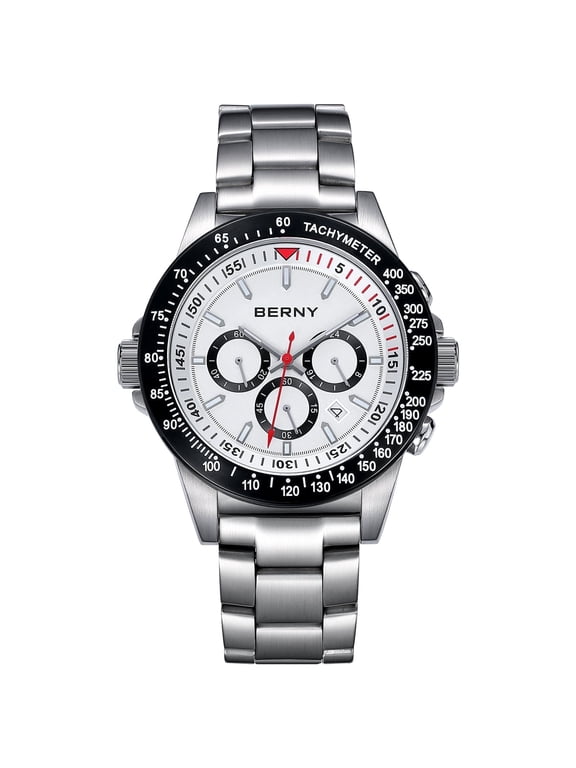 Men's Chronograph Diving Wristwatch, Stainless Steel Band, Sapphire Glass, Date Display,10ATM Waterproof, Tachymeter, Super Luminous Sport Watch, White