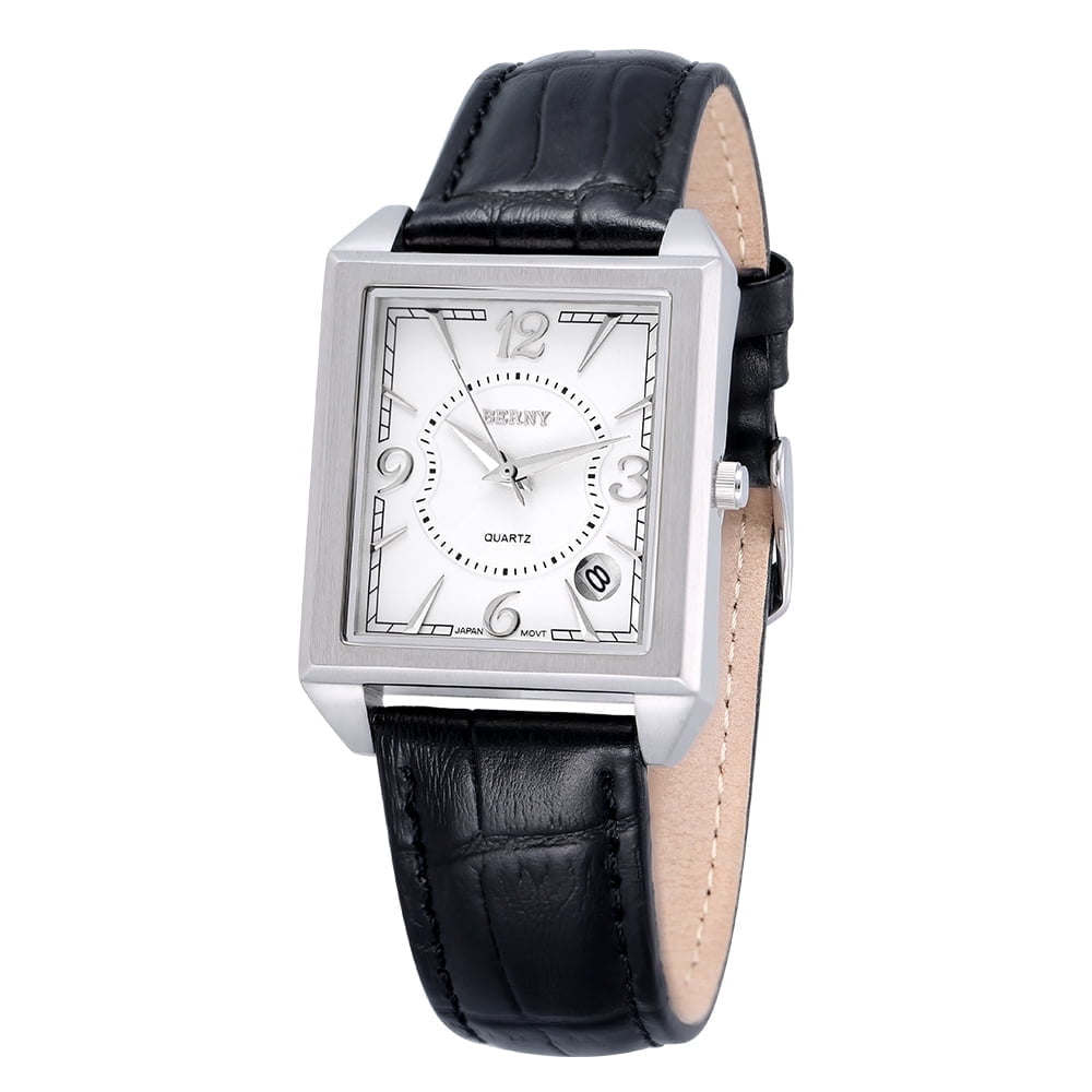 BERNY Square Watches for Men, Vintage Quartz Analog Leather Watch with Date Calendar, Stainless Steel, Waterproof, Dress Mens Wrist Watch Gifts (White)
