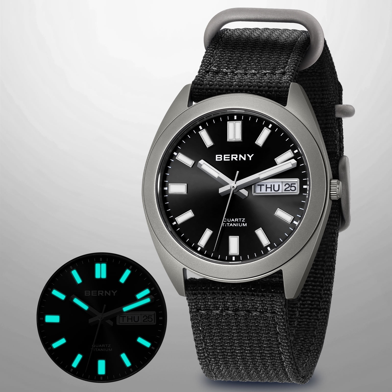 BERNY Titanium Watch for Men, Sport Men's Field Watch, Military Analog Quartz Watch with Date, Canvas Strap, Japanese Quartz Movement, Super Luminous, 10ATM Waterproof Army Wristwatch, Black