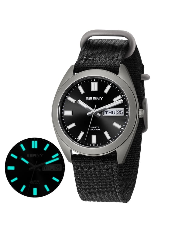 Titanium Watch for Men, Sport Men's Field Watch, Military Analog Quartz Watch with Date, Nylon Strap, Japanese Quartz Movement, Super Luminous, 10ATM Waterproof Army Wristwatch, Black