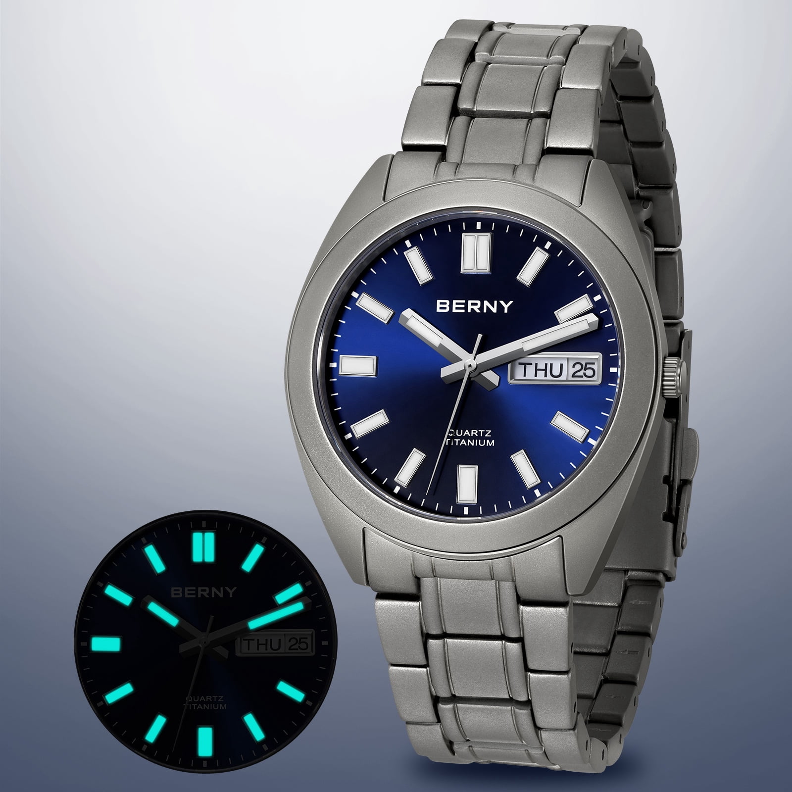 BERNY Titanium Watch for Men, Sport Men's Field Watch, Military Analog Quartz Watch with Date, Japanese Quartz Movement, Super Luminous, 10ATM Waterproof Army Wristwatch, Blue