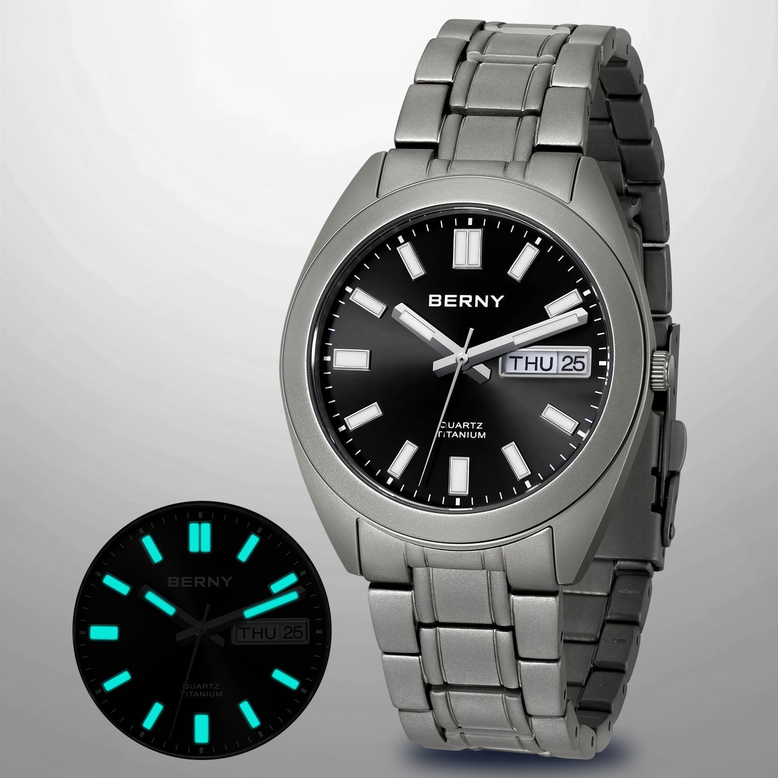 BERNY Titanium Watch for Men, Sport Men's Field Watch, Military Analog Quartz Watch with Date, Japanese Quartz Movement, Super Luminous, 10ATM Waterproof Army Wristwatch, Black