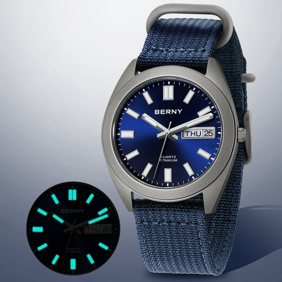 BERNY Titanium Watch for Men, Field Military Men's Watch, Sport Titanium Analog Quartz Watches with Date, Canvas Strap, Japanese Quartz Movement, 10ATM Waterproof, Super Luminous, Blue