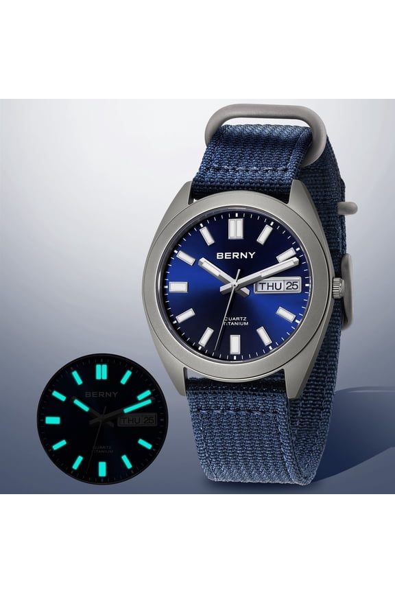 Titanium Watch for Men, Field Military Men's Watch, Sport Titanium Analog Quartz Watches with Date, Canvas Strap, Japanese Quartz Movement, 10ATM Waterproof, Super Luminous, Blue