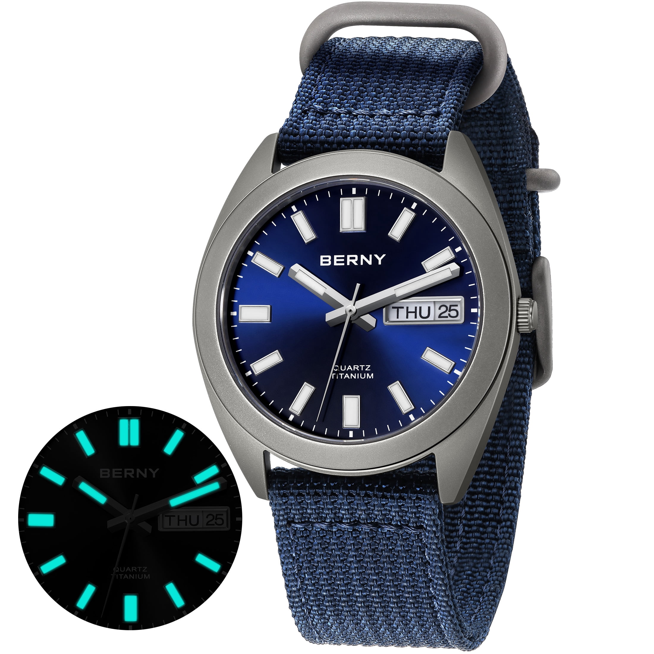 BERNY Titanium Watch for Men, Sport Men's Field Watch, Military Analog Quartz Watch with Date, Nylon Strap, Japanese Quartz Movement, Super Luminous, 10ATM Waterproof Army Wristwatch, Blue