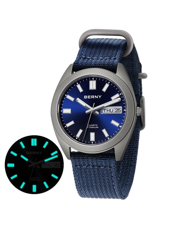 Titanium Watch for Men, Sport Men's Field Watch, Military Analog Quartz Watch with Date, Nylon Strap, Japanese Quartz Movement, Super Luminous, 10ATM Waterproof Army Wristwatch, Blue