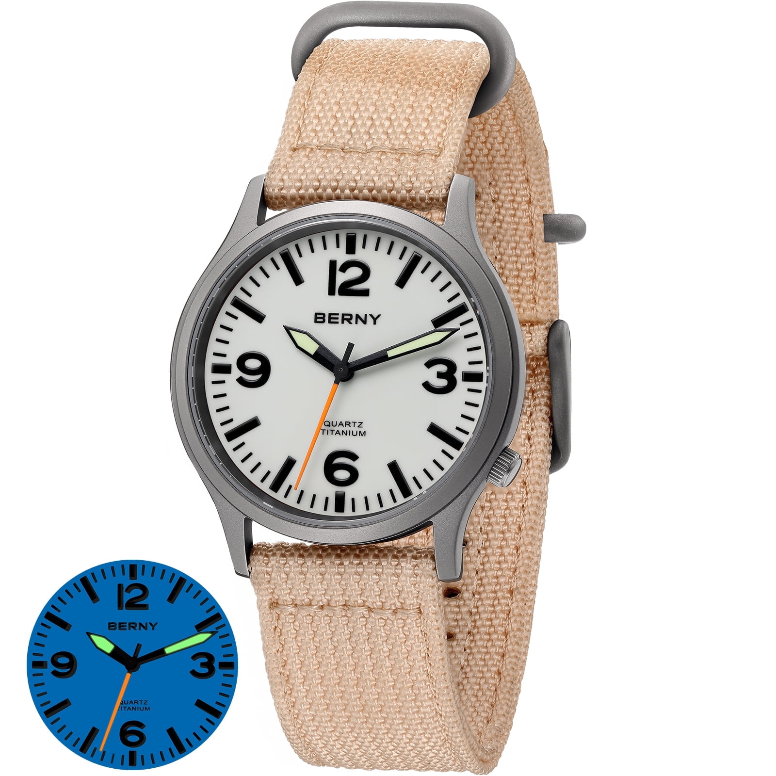 BERNY Watches for Men Military Sport Nylon Strap Titanium Field Watch with Sapphire Crystal Luminous Fashion Analog Quartz Watch Easy to Read 50M Waterproof Army Tactical Casual Wristwatch (White)
