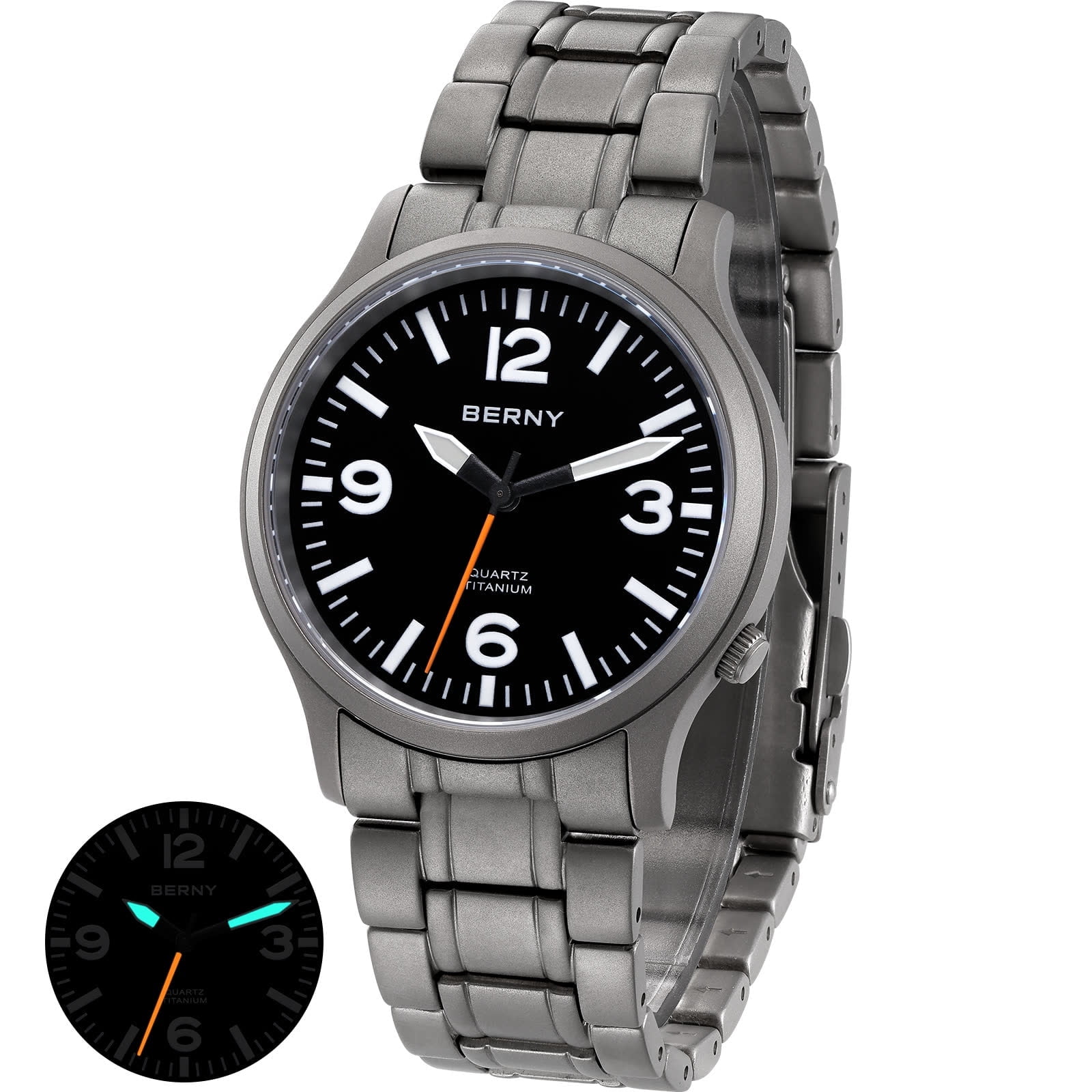 BERNY Watches for Men Military Sport Titanium Field Watch with Sapphire Crystal Luminous Fashion Analog Quartz Watch Easy to Read 50M Waterproof Army Tactical Casual Wristwatch (Black)