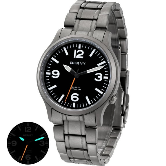 BERNY Watches for Men Military Sport Titanium Field Watch with Sapphire Crystal Luminous Fashion Analog Quartz Watch Easy to Read 50M Waterproof Army Tactical Casual Wristwatch (Black)