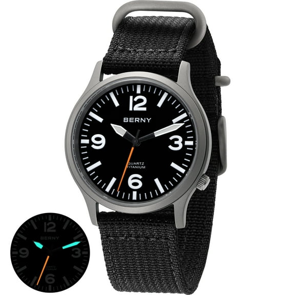 BERNY Watches for Men Military Sport Nylon Strap Titanium Field Watch with Sapphire Crystal Luminous Fashion Analog Quartz Watch Easy to Read 50M Waterproof Army Tactical Casual Wristwatch (Black)
