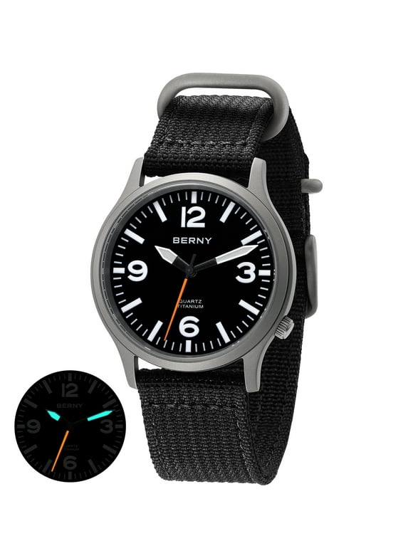 Watches for Men Military Sport Nylon Strap Titanium Field Watch with Sapphire Crystal Luminous Fashion Analog Quartz Watch Easy to Read 50M Waterproof Army Tactical Casual Wristwatch (Black)