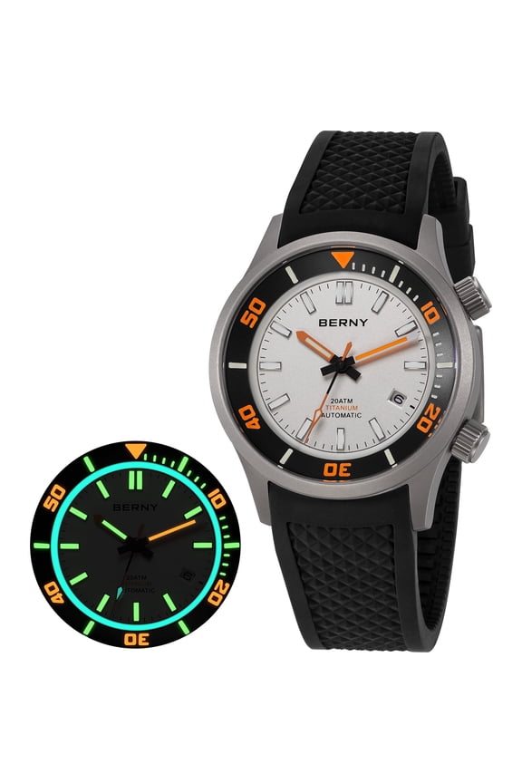 Automatic Dive Watches for Men, Sport Casual 20ATM Waterproof Titanium Watch with Date, Super Luminous, Silicone Band, Sapphire Crystal, Fashion Men's Analog Mechanical Wristwatch (White)