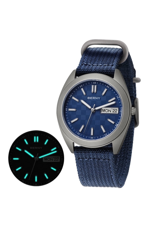 Titanium Watches for Men, Japanese Quartz Movement Men's Field Watch with Canvas Strap, 10ATM Waterproof Military Wristwatch for Men, Analog Sport Watches, Blue