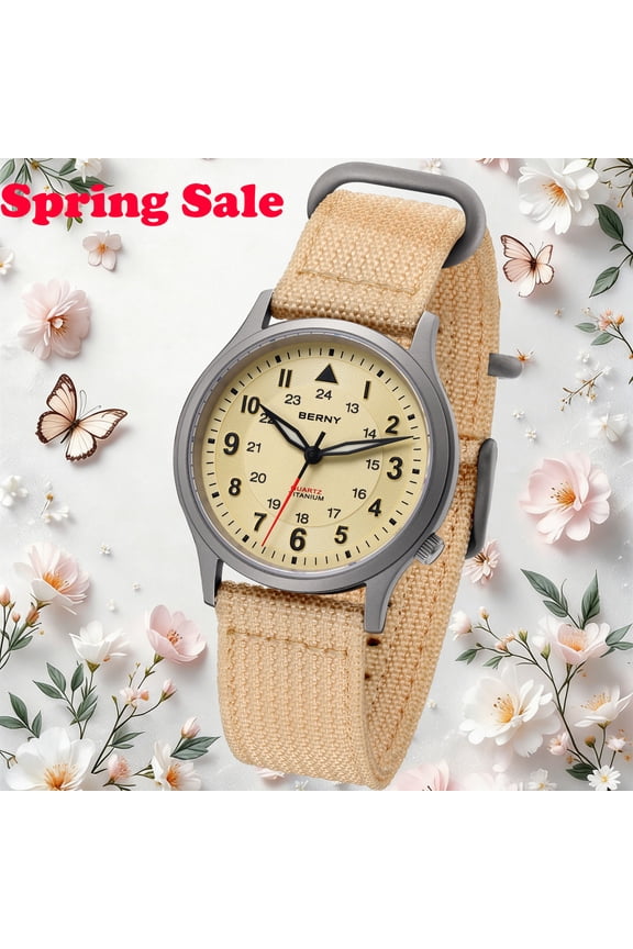 Titanium Watches for Men, Japanese Quartz Movement Men's Field Watch, 5ATM Waterproof Military Wristwatch for Men, Analog Sport Watches, Beige