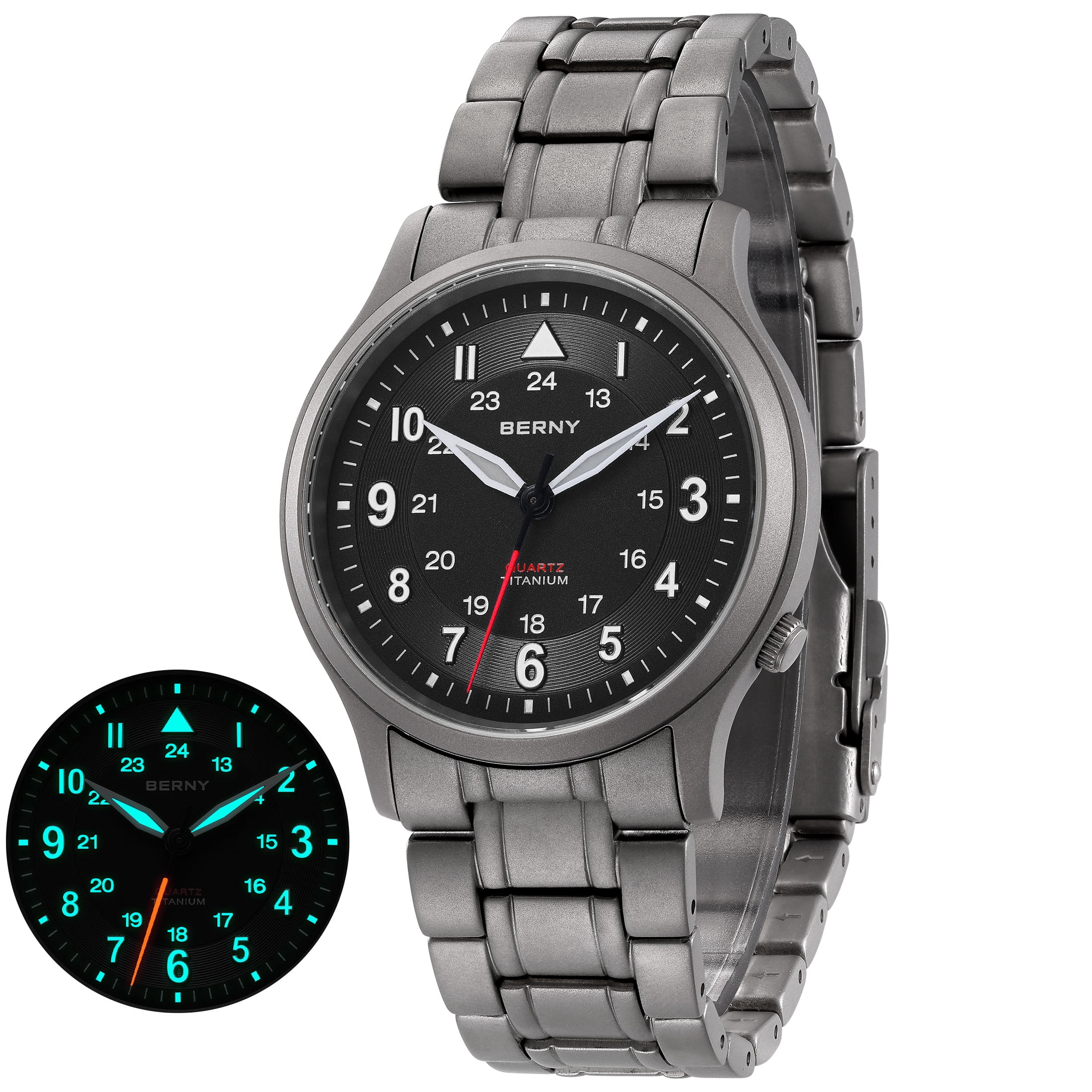 BERNY Titanium Watches for Men, Japanese Quartz Movement Men's Field Watch, 5ATM Waterproof Military Wristwatch for Men, Analog Sport Watches with Super Luminous, Black