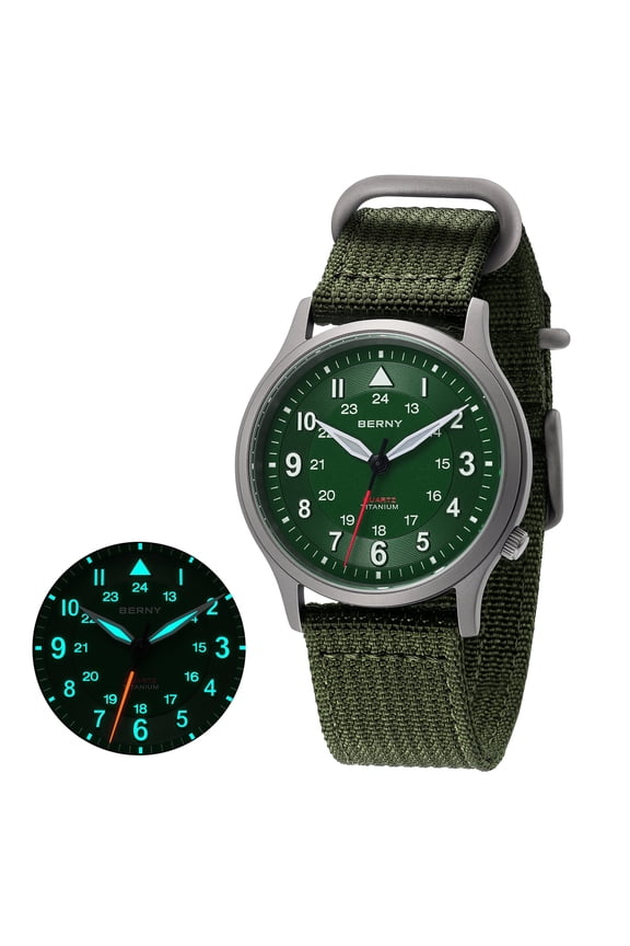 Titanium Watches for Men, Japanese Quartz Movement Men's Field Watch, 5ATM Waterproof Military Wristwatch for Men, Analog Sport Watches, Green