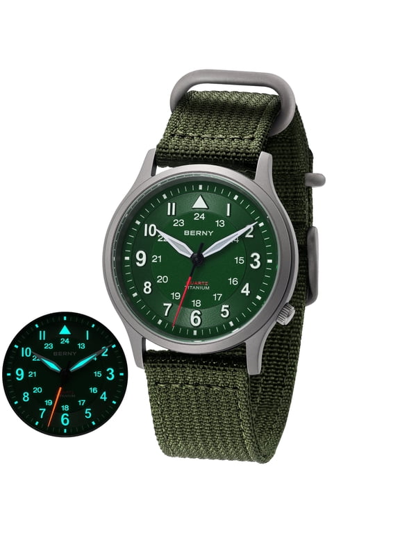 Titanium Watches for Men, Japanese Quartz Movement Men's Field Watch, 5ATM Waterproof Military Wristwatch for Men, Analog Sport Watches, Green