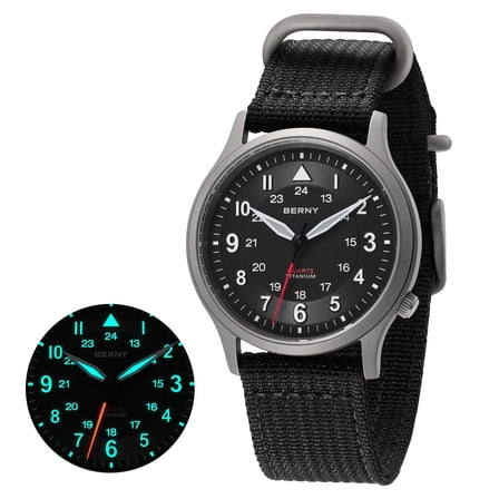 BERNY Titanium Watches for Men, Japanese Quartz Movement Men's Field Watch, 5ATM Waterproof Military Wristwatch for Men, Analog Sport Watches, Black