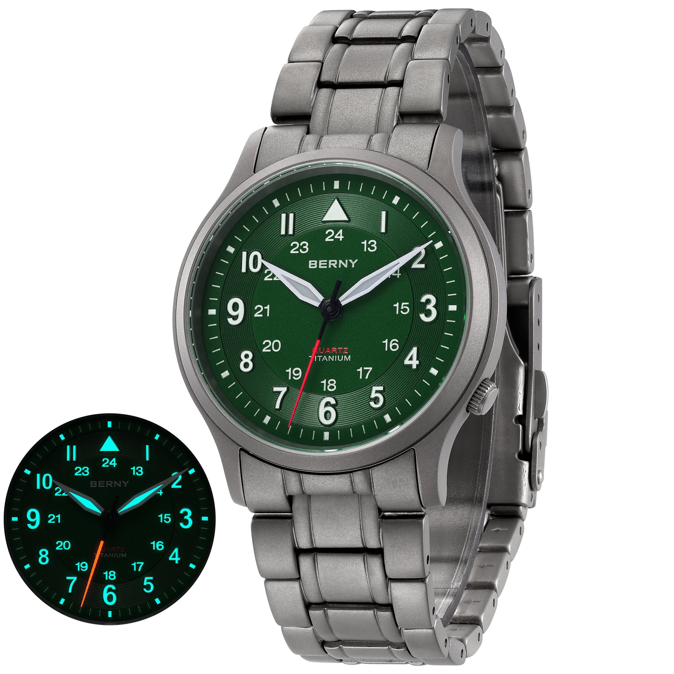 BERNY Titanium Watches for Men, Japanese Quartz Movement Men's Field Watch, 5ATM Waterproof Military Wristwatch for Men, Analog Sport Watches with Super Luminous, Green