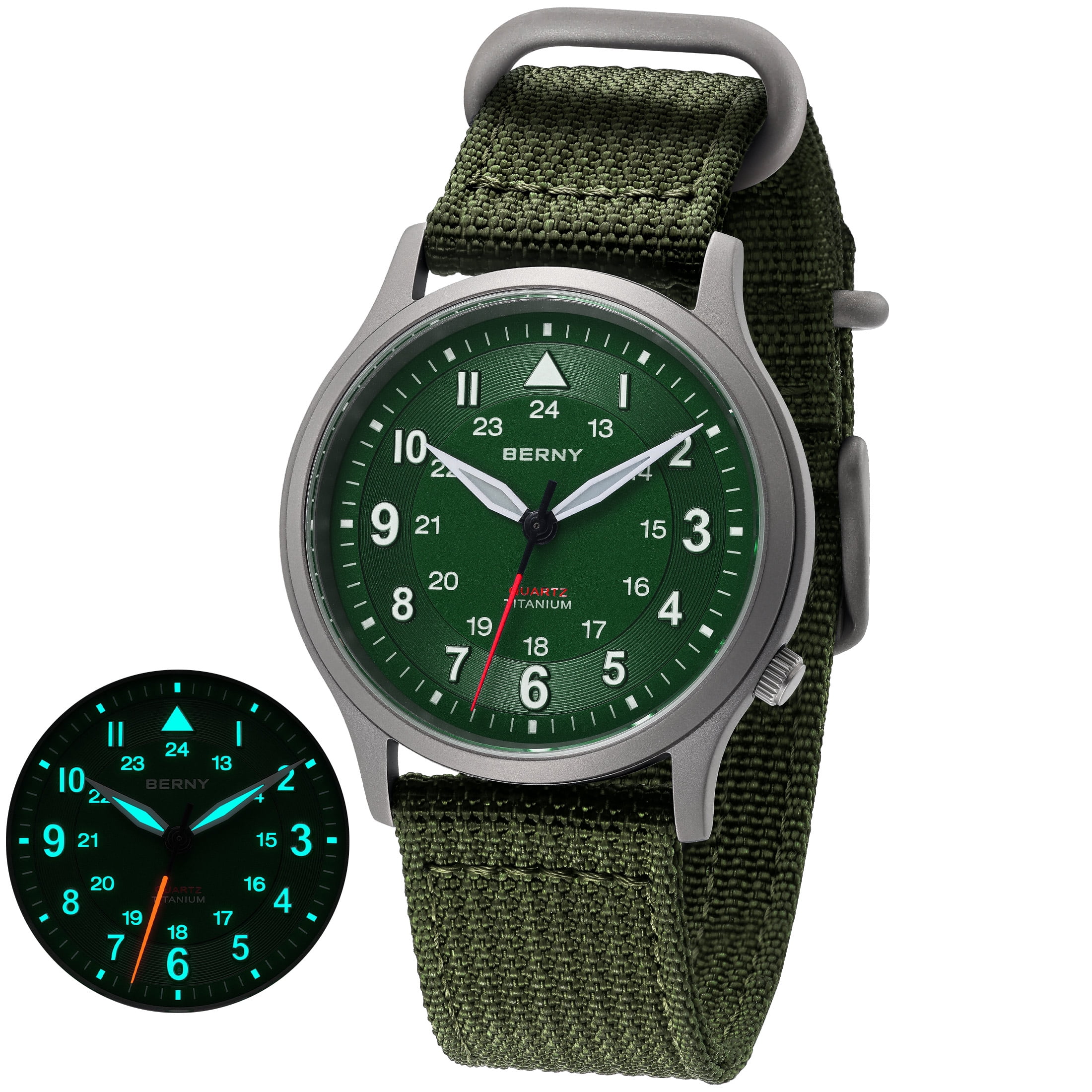 BERNY Titanium Watches for Men, Japanese Quartz Movement Men's Field Watch, 5ATM Waterproof Military Wristwatch for Men, Analog Sport Watches, Green