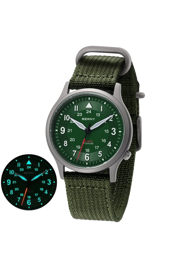 Titanium Watches for Men, Japanese Quartz Movement Men's Field Watch, 5ATM Waterproof Military Wristwatch for Men, Analog Sport Watches, Green