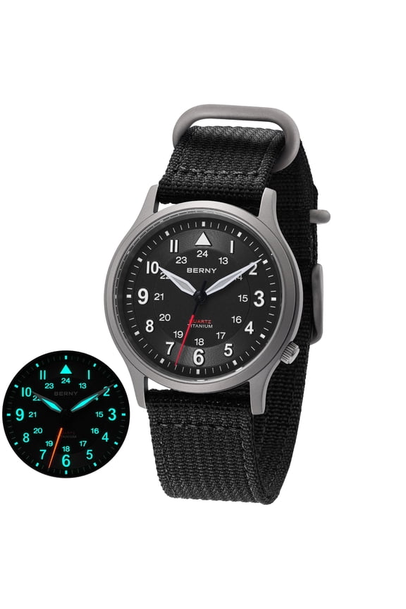 Titanium Watches for Men, Japanese Quartz Movement Men's Field Watch, 5ATM Waterproof Military Wristwatch for Men, Analog Sport Watches, Black