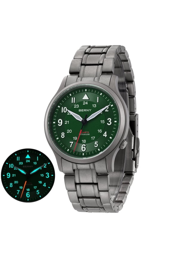 Titanium Watches for Men, Japanese Quartz Movement Men's Field Watch, 5ATM Waterproof Military Wristwatch for Men, Analog Sport Watches with Super Luminous, Green