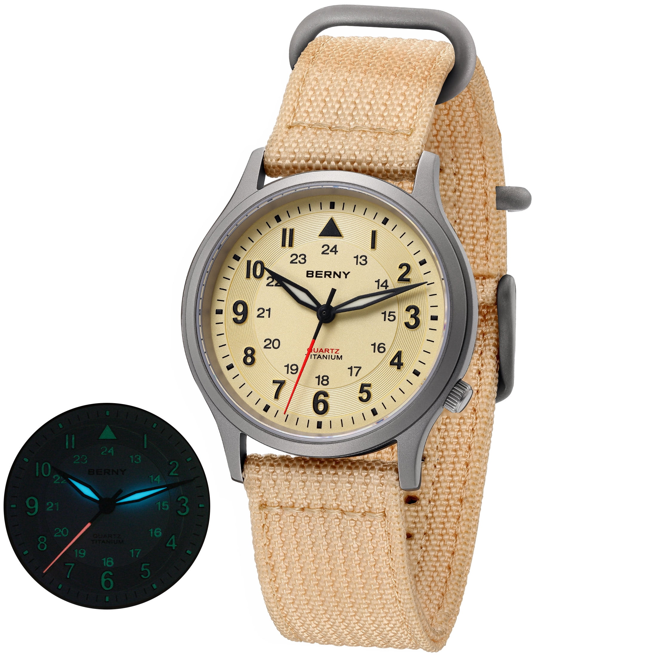BERNY Titanium Watches for Men, Japanese Quartz Movement Men's Field Watch, 5ATM Waterproof Military Wristwatch for Men, Analog Sport Watches, Beige
