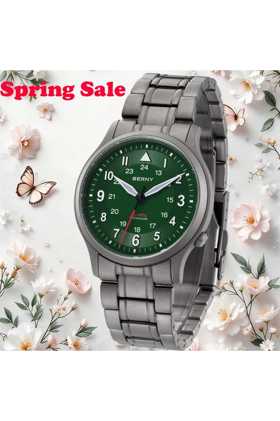 Titanium Watches for Men, Japanese Quartz Movement Men's Field Watch, 5ATM Waterproof Military Wristwatch for Men, Analog Sport Watches with Super Luminous, Green