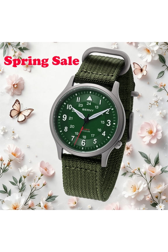 Titanium Watches for Men, Japanese Quartz Movement Men's Field Watch, 5ATM Waterproof Military Wristwatch for Men, Analog Sport Watches, Green