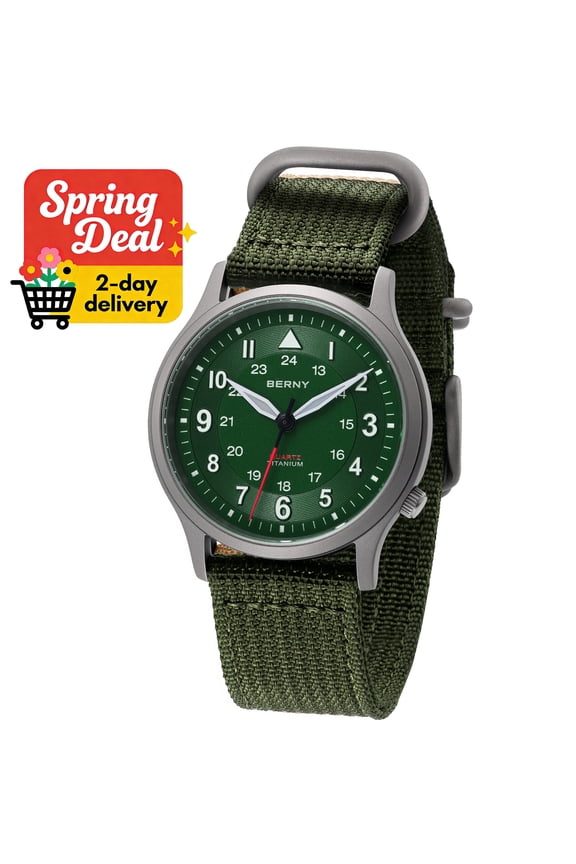 Titanium Watches for Men, Japanese Quartz Movement Men's Field Watch, 5ATM Waterproof Military Wristwatch for Men, Analog Sport Watches, Green