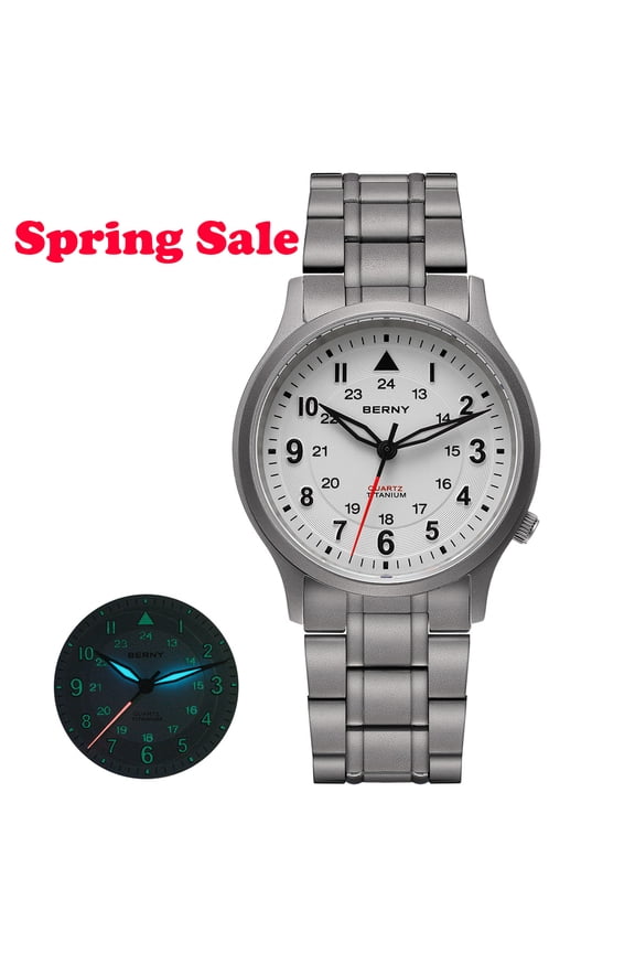 Titanium Watches for Men, Japanese Quartz Movement Men's Field Watch, 5ATM Waterproof Military Wristwatch for Men, Analog Sport Watches with Super Luminous, White